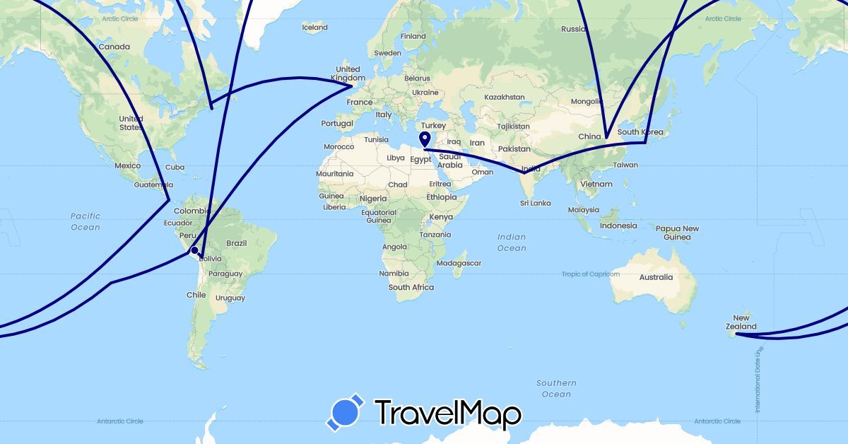 TravelMap itinerary: driving in Bolivia, Canada, Chile, China, Costa Rica, Egypt, United Kingdom, India, Japan, New Zealand, Peru (Africa, Asia, Europe, North America, Oceania, South America)